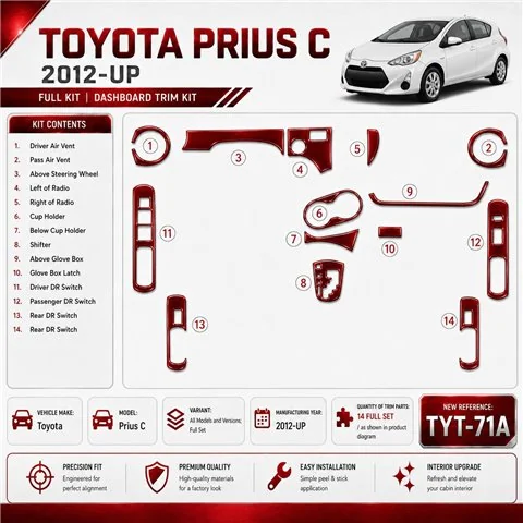 Toyota Prius C 2012-in poi set completo kit rivestimento cruscotto e interni 3D