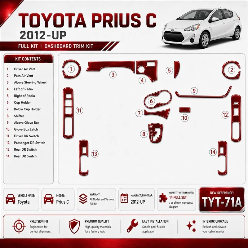 Toyota Prius C 2012-UP Full Set Interior Dashboard Trim Kit Dash Trim Dekor