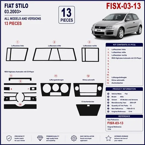 Fiat Stilo 2003+ 3D Armaturenbrett-Dekor-Set, 13 Teile 2