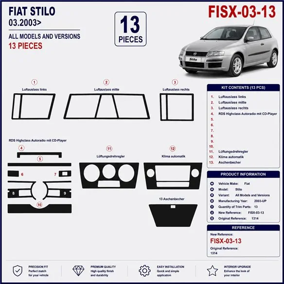 Fiat Stilo 2003+ kit salpicadero 3D, 13 piezas