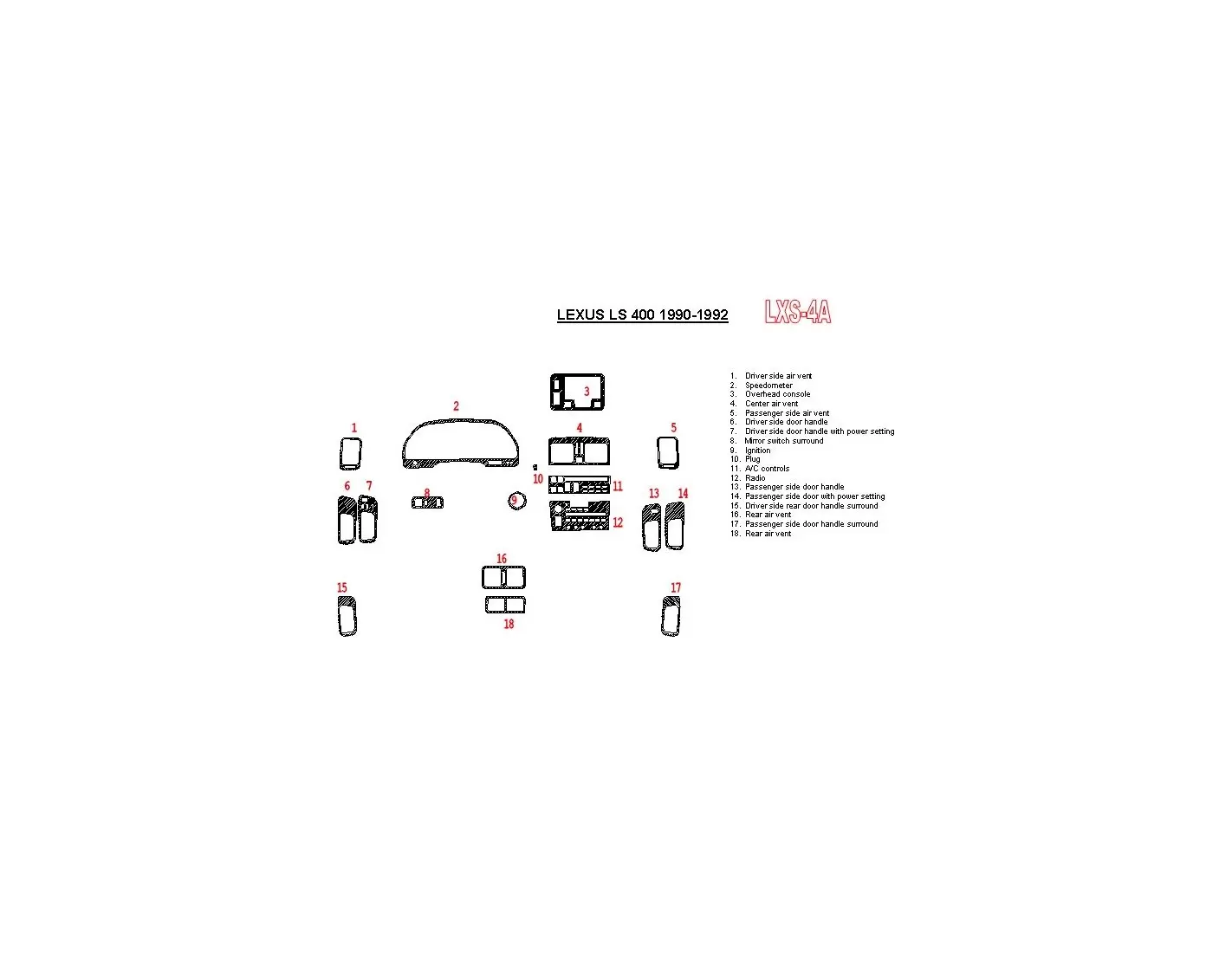 Lexus LS-400 1990-1992 Full Set, OEM Compliance, 18 Parts set Interior BD Dash Trim Kit