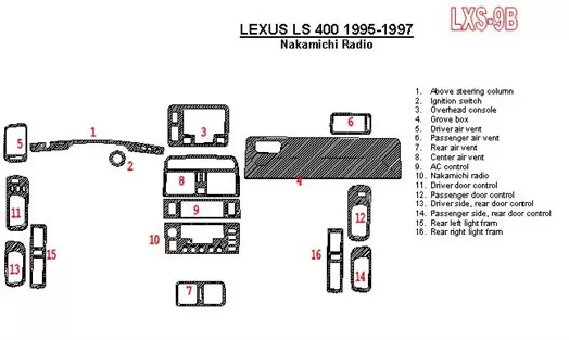 Lexus LS-400 1995-1997 Nakamichi Radio, OEM Compliance, 6 Parts set Decor de carlinga su interior