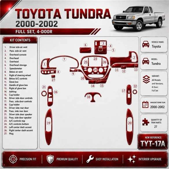 Toyota Tundra 2000-2002 4 Doors, Full Set, 27 Parts set Interior Dashboard Trim Kit Dash Trim Dekor