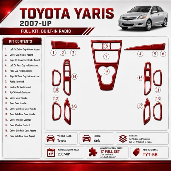Toyota Yaris 2007-UP Full Set With Built-in Radio Interior Dashboard Trim Kit Dash Trim Dekor
