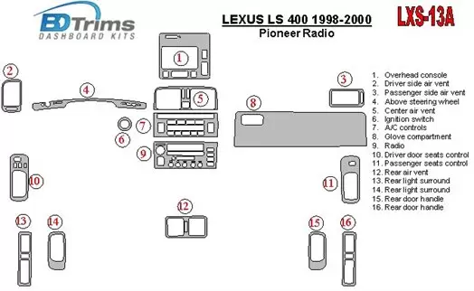 Lexus LS-400 1998-2000 Pioneer Radio, Without NAVI system, OEM Compliance Interior BD Dash Trim Kit