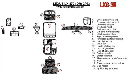 Lexus LX-470 1998-UP With NAVI system, 22 Parts set OEM Compliance BD Interieur Dashboard Bekleding Volhouder