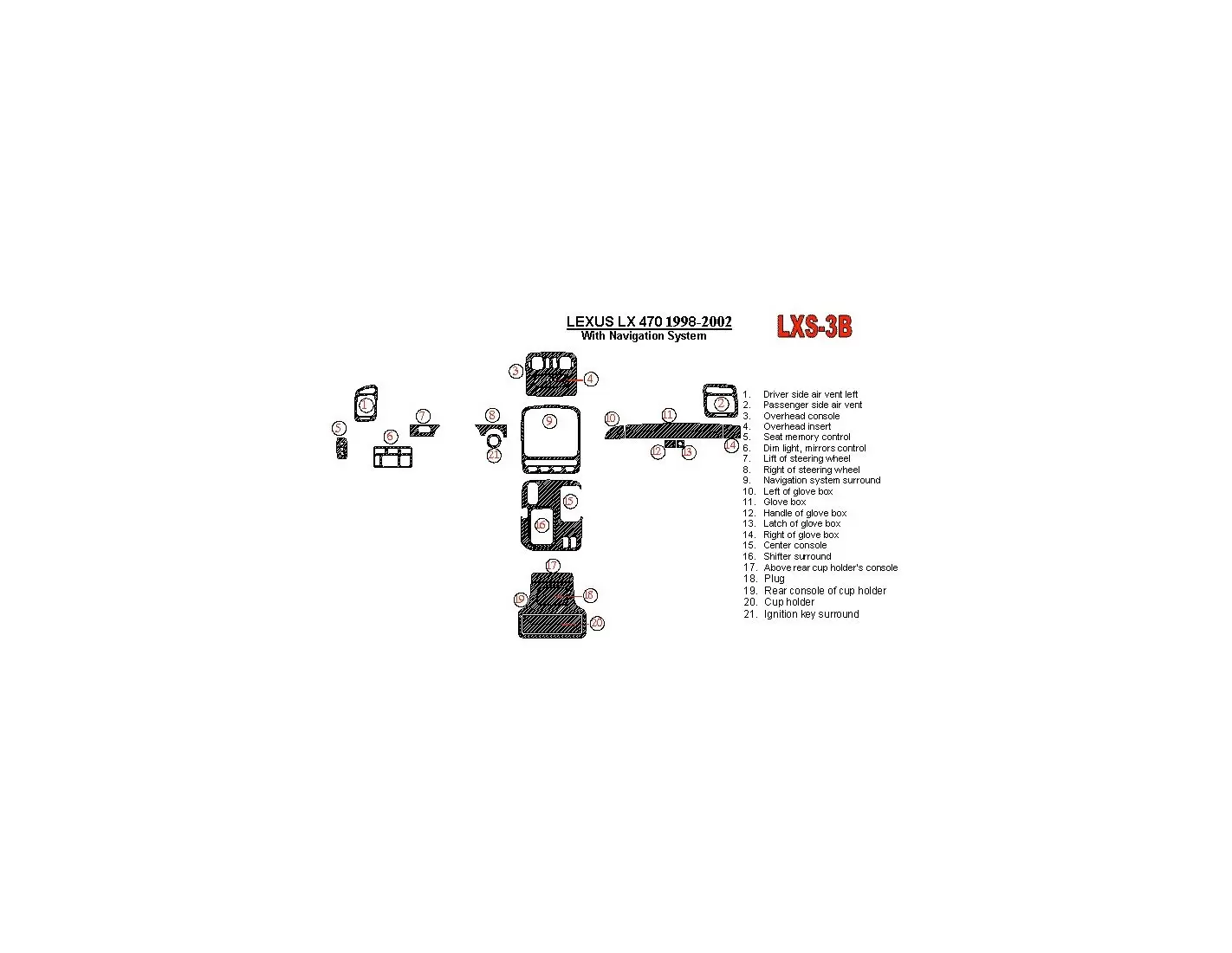 Lexus LX-470 1998-UP With NAVI system, 22 Parts set OEM Compliance Interior BD Dash Trim Kit