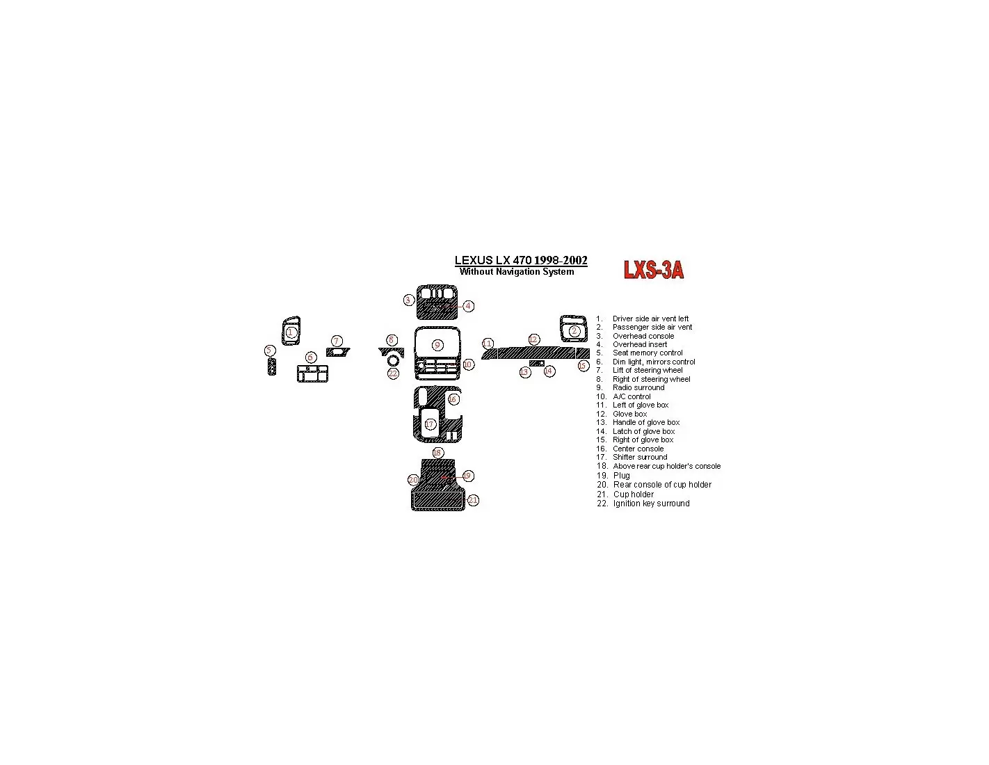 Lexus LX-470 1998-UP Without NAVI system, 22 Parts set OEM Compliance BD Interieur Dashboard Bekleding Volhouder