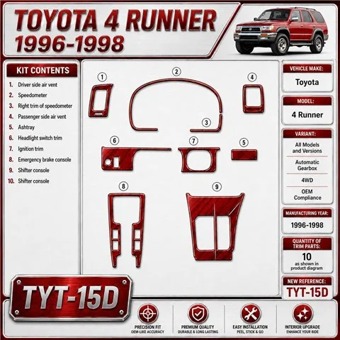 Toyota 4 Runner 1996-1998 Automatic Gearbox, 4WD, OEM Compliance, 10 delen set interieur dashboard decoratieset dashboard decor