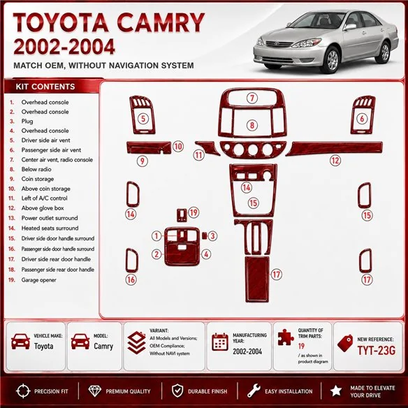 Toyota Camry 2002-2004 OEM Compliance, Without NAVI system Interior Dashboard Trim Kit Dash Trim Dekor
