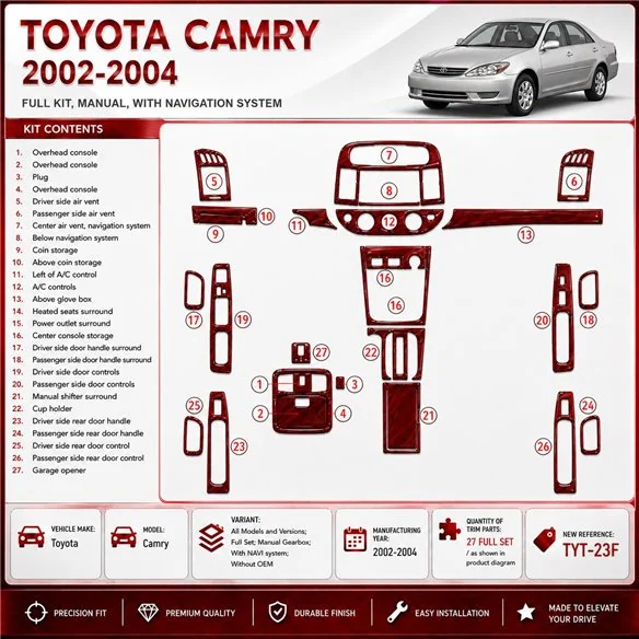 Toyota Camry 2002-2004 Full Set, Manual Gear Box, With NAVI system, Without OEM Interior Dashboard Trim Kit Dash Trim Dekor
