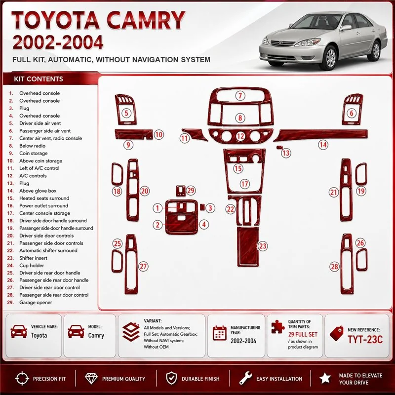Toyota Camry 2002-2004 juego completo, Automatic Gear, sin navegador system, Without OEM kit de molduras interiores para salpica