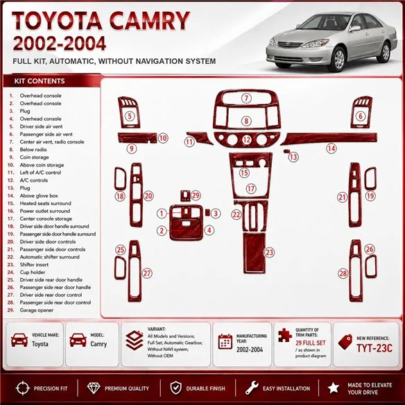 Toyota Camry 2002-2004 Full Set, Automatic Gear, Without NAVI system, Without OEM interieur dashboard decoratieset dashboard dec