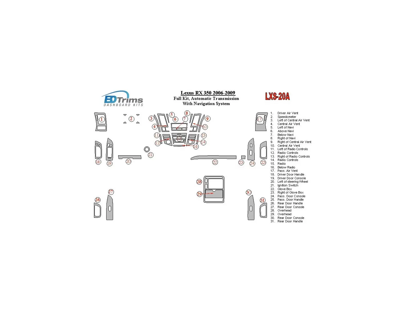 Lexus RX 350 2006-UP Full Set, Automatic Gear, With Navigation Interior BD Dash Trim Kit