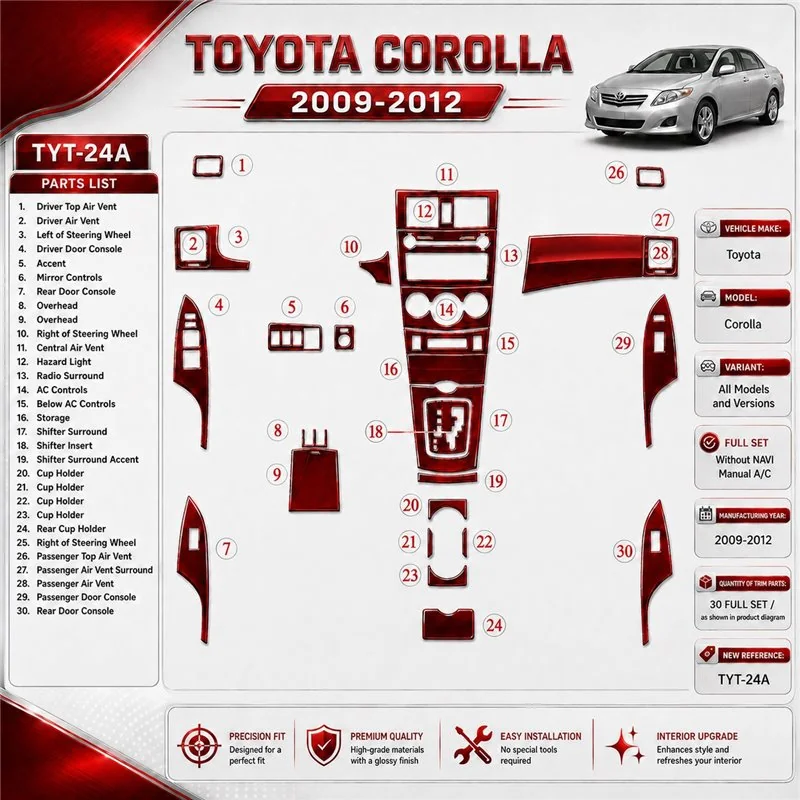 Toyota Corolla 2009-UP Full Set, Without NAVI Interior Dashboard Trim Kit Dash Trim Dekor