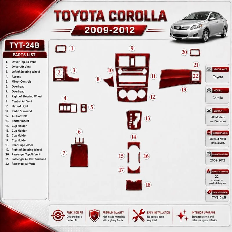 Toyota Corolla 2009-UP OEM Compliance, Without NAVI Interior Dashboard Trim Kit Dash Trim Dekor