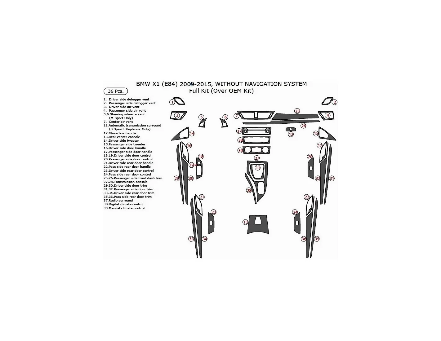 BMW X1 E84 2009–2015 3M 3D Interior Dashboard Trim Kit Dash Trim Dekor 36-Parts