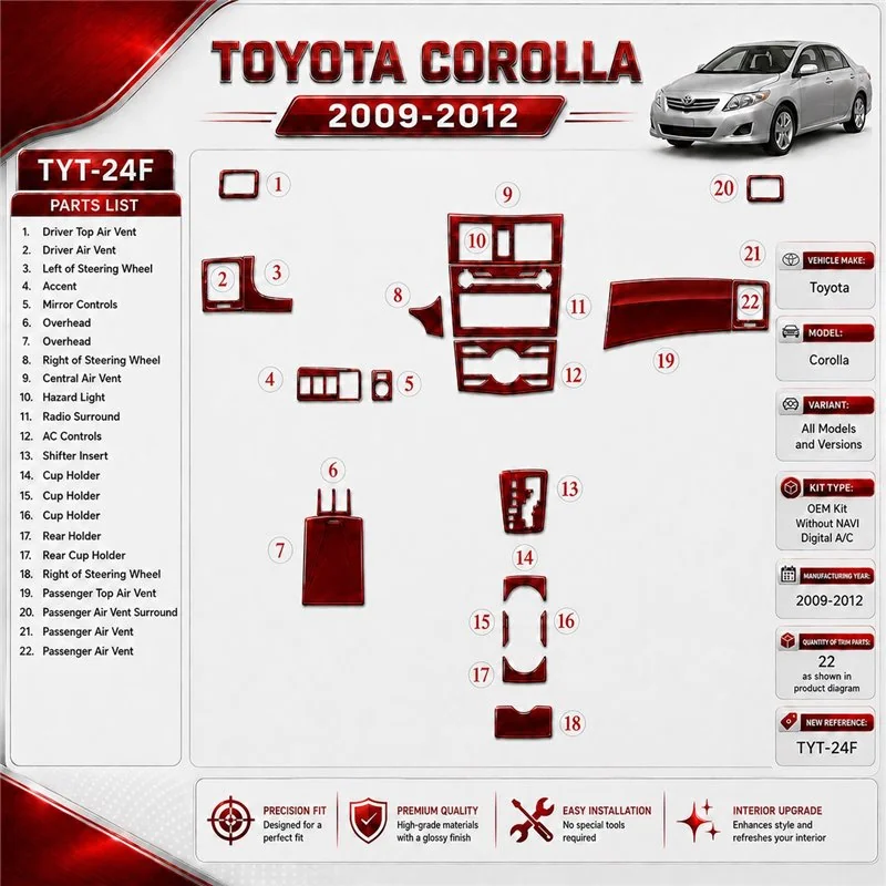 Toyota Corolla 2009-heden OEM Kit, Without NAVI, Automatic AC interieur dashboard decoratieset dashboard decor