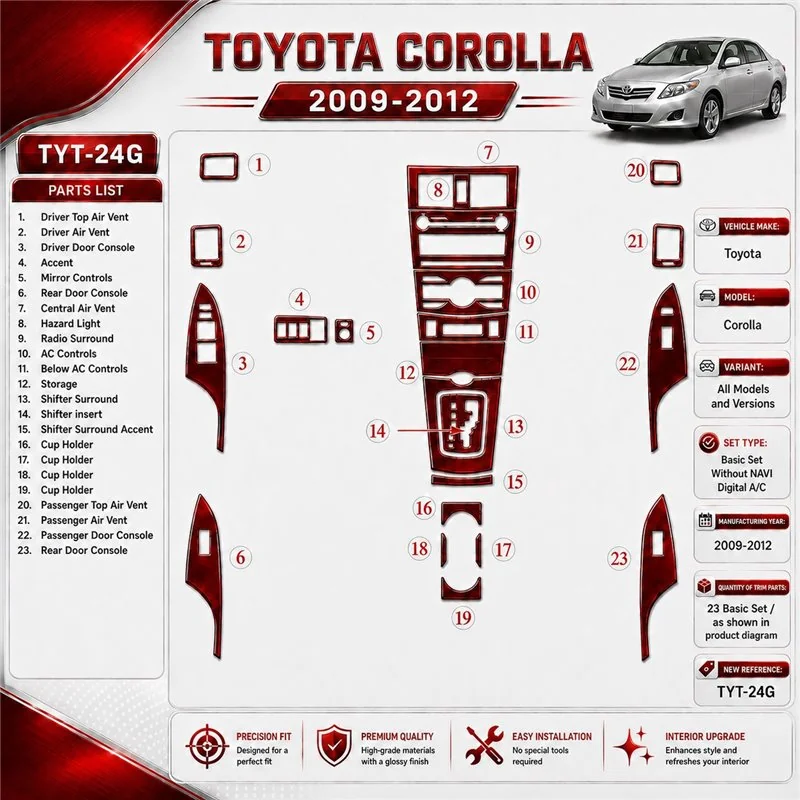 Toyota Corolla 2009-heden Basic Set, Without NAVI, Automatic AC interieur dashboard decoratieset dashboard decor