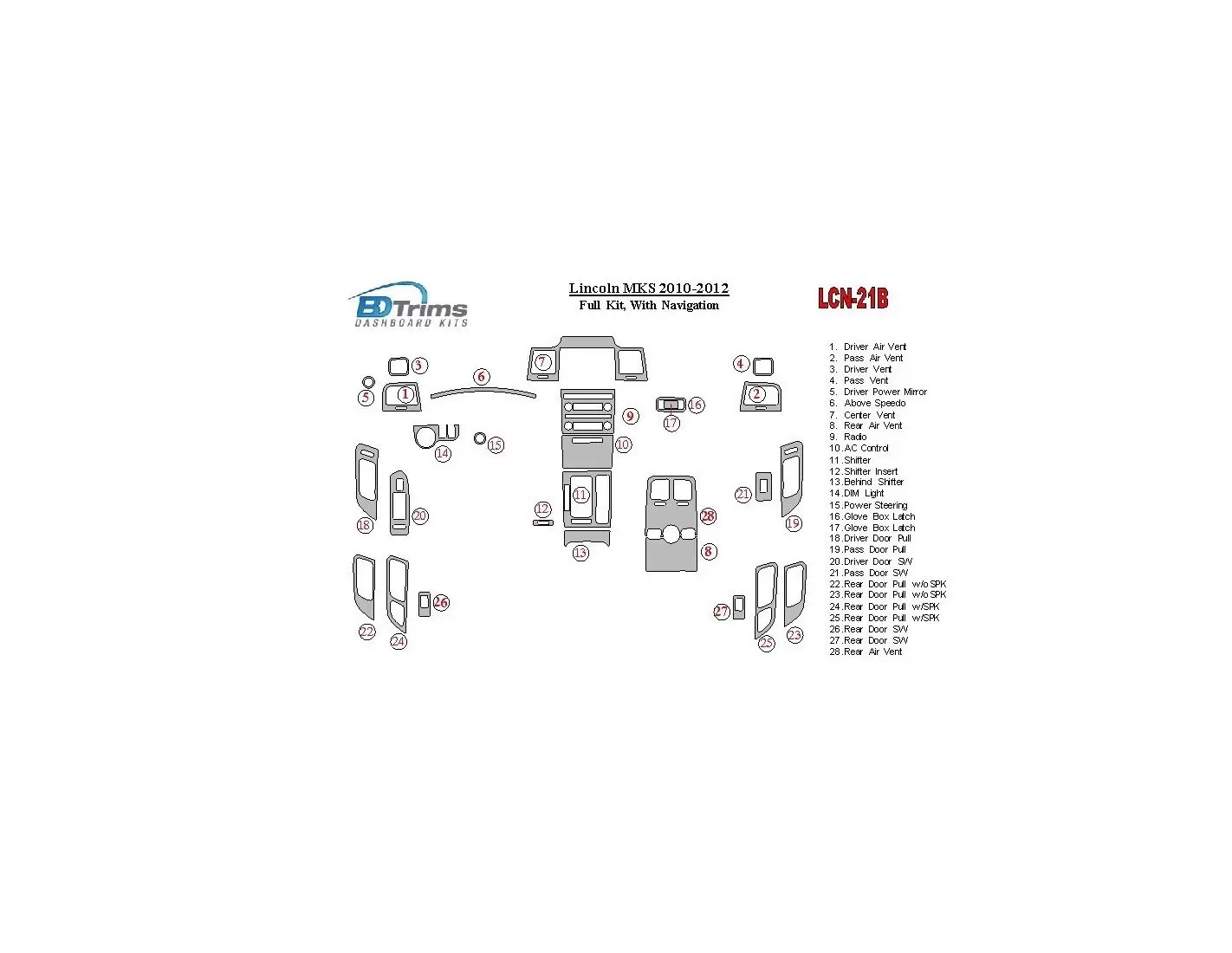 Lincoln MKS 2010-2012 Ensemble Complet, With NAVI BD Décoration de tableau de bord