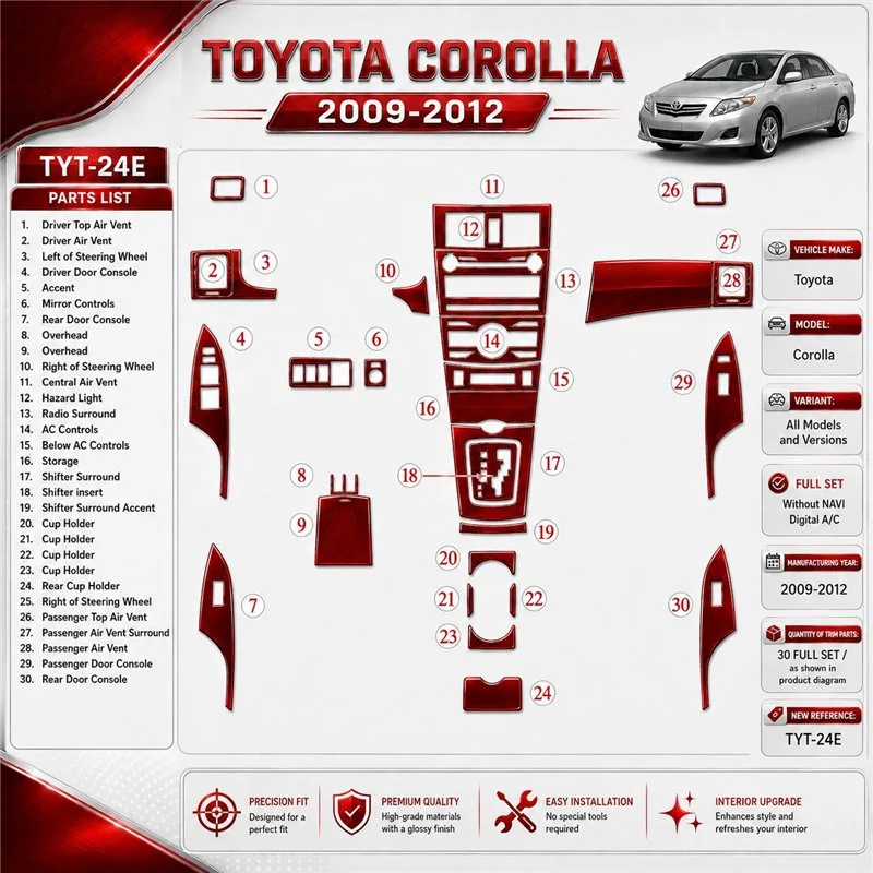 Toyota Corolla 2009 - à aujourd’hui kit complet, sans navigation, automatique AC kit décoration intérieure tableau de bord