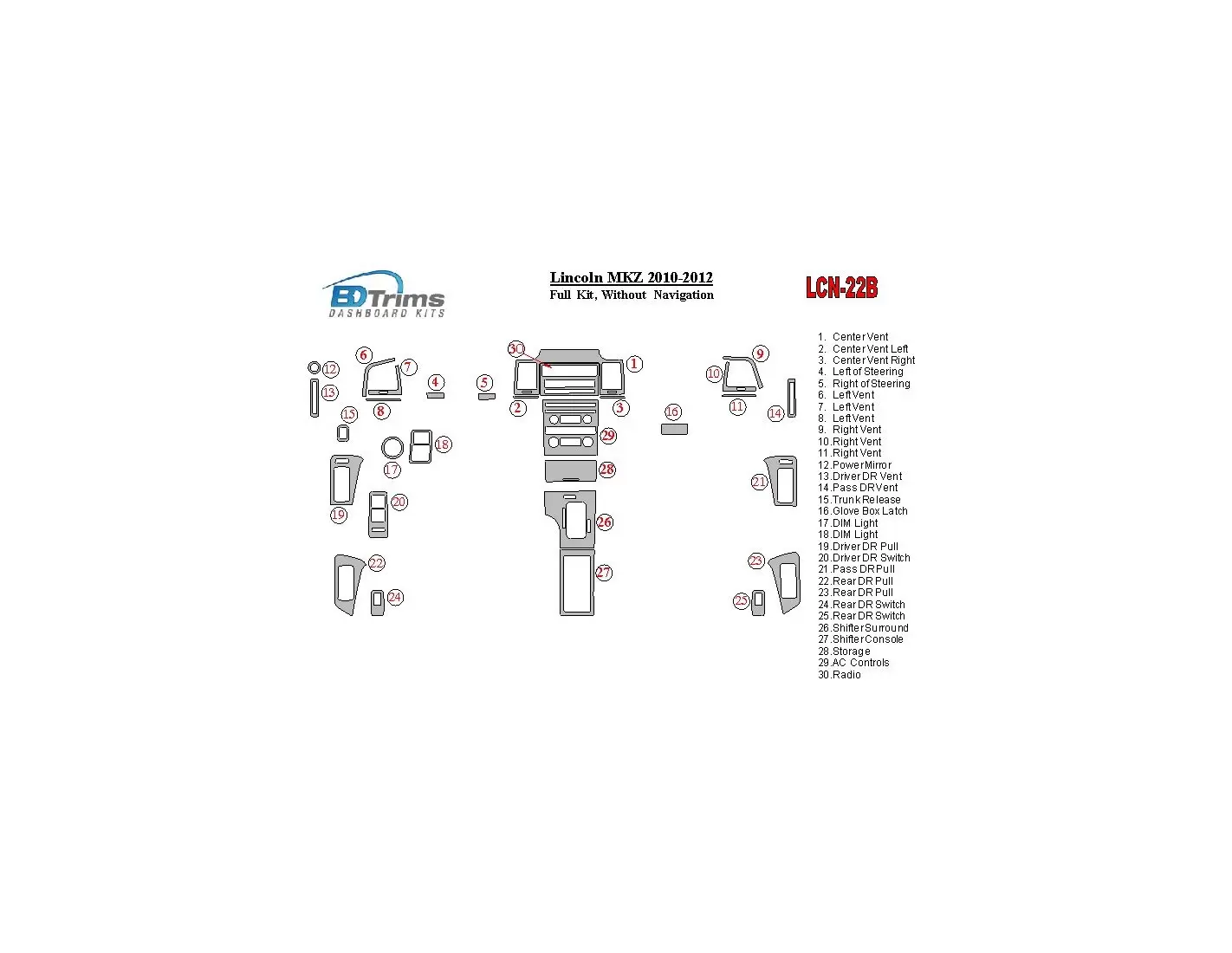 Lincoln MKZ 2010-2012 Full Set, Without NAVI Interior BD Dash Trim Kit