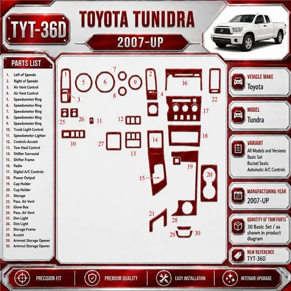 Toyota Tundra 2007-heden Basic Set, Bucket Seats, Automatic AC Control interieur dashboard decoratieset dashboard decor