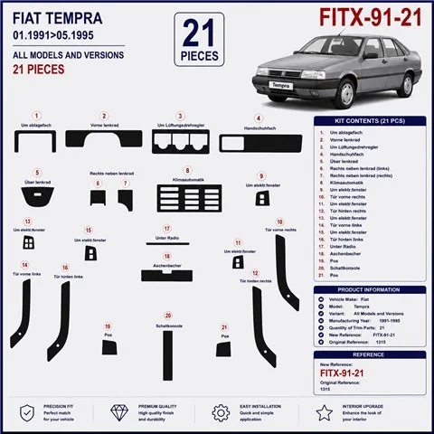 Fiat Tempra 1991-1995 kit salpicadero 3D, 21 piezas 2