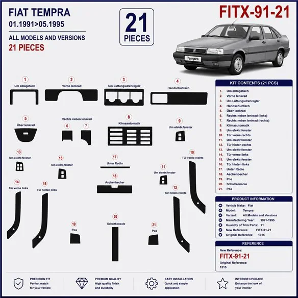 Fiat Tempra 1991-1995 3D dashboard trim kit, 21 parts