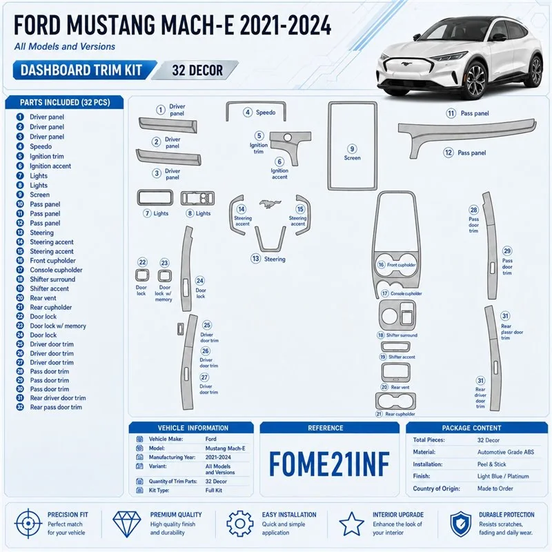 Ford Mustang Mach-E 2021-2024 kit de molduras interiores para salpicadero 32 piezas