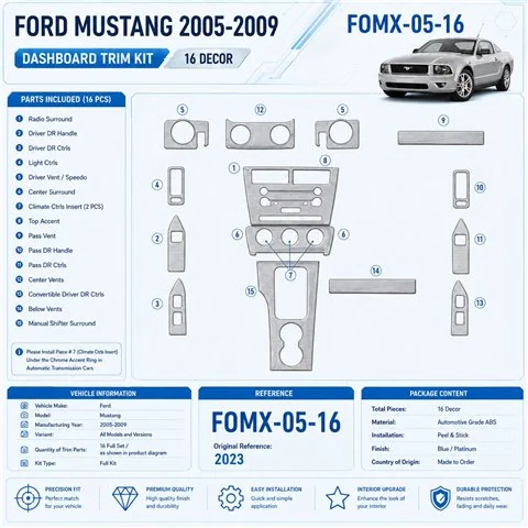 Ford Mustang 2005-2009 kit de molduras interiores para salpicadero 16 piezas