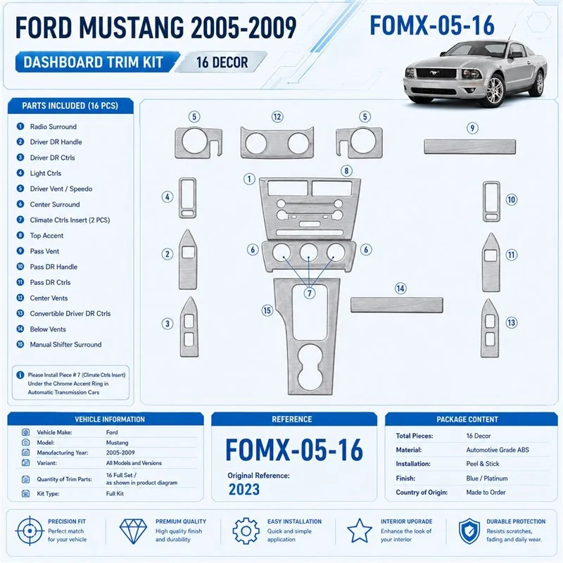 Ford Mustang 2005-2009 kit de molduras interiores para salpicadero 16 piezas