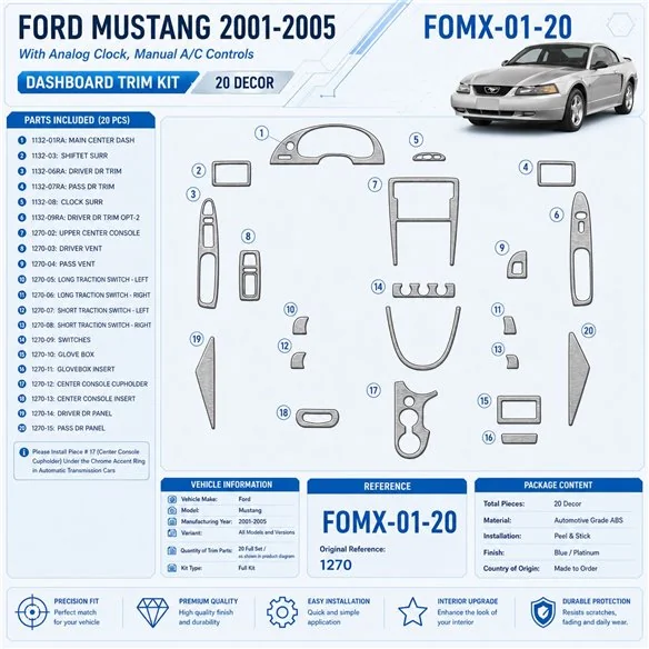 Ford Mustang 2001-2005 3D Cockpit Dekor Interieurleisten Set 20-teilig