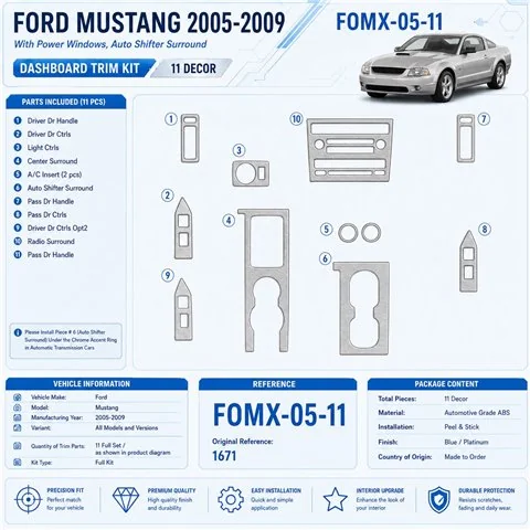 Ford Mustang 2005-2009 kit de molduras interiores para salpicadero 11 piezas