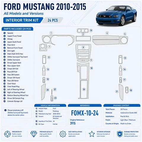 Ford Mustang 2010-2015 Interior Dashboard Trim Kit Dash Trim Dekor 24 Parts