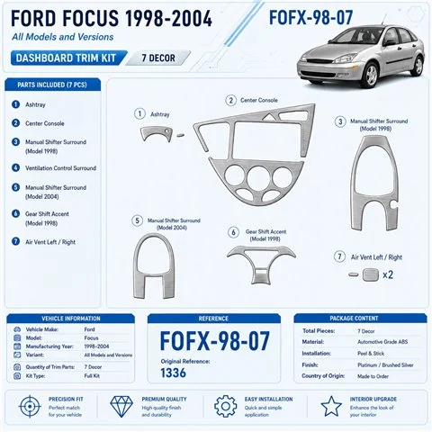 Ford Focus 1998-2004 kit rivestimento cruscotto e interni 3D 7 pezzi