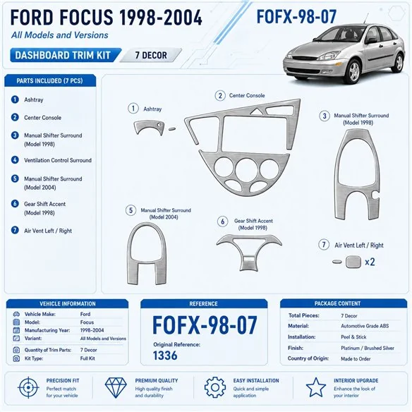Ford Focus 1998-2004 kit 3D de molduras interiores para salpicadero 7 piezas