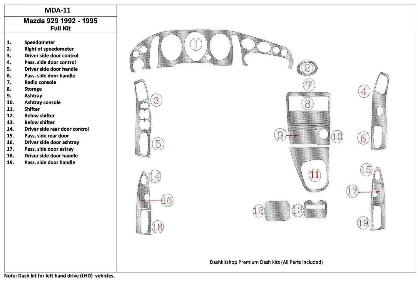 Mazda 929 1992-1995 Voll Satz, 19 Parts set BD innenausstattung armaturendekor cockpit dekor - 1- Cockpit Dekor Innenraum