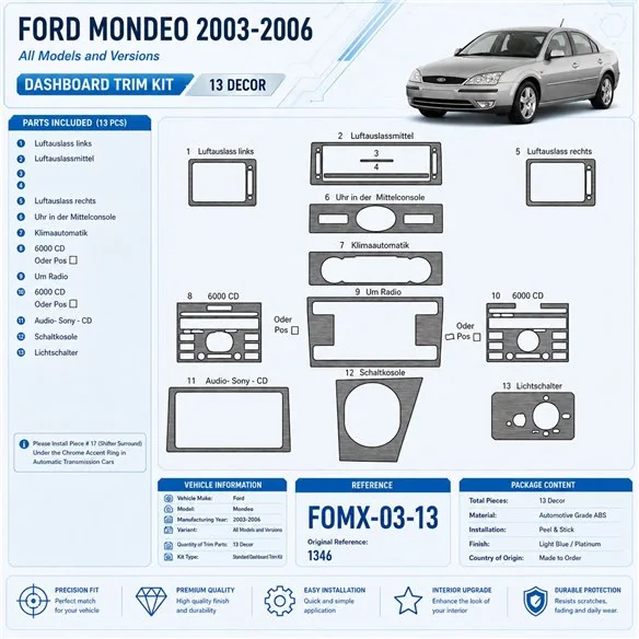 Ford Mondeo 2003-2006 kit rivestimento cruscotto e interni 3D 13 pezzi