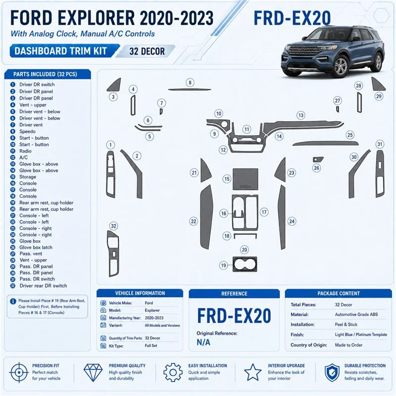 Ford Explorer 2020-2023 3D interieur dashboard decoratieset dashboard decor 32-delen