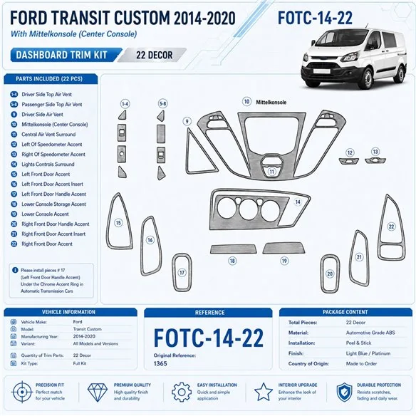 Ford Transit Custom 2014-heden 3D interieur dashboard decoratieset dashboard decor 22-delen