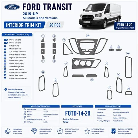 Ford Transit Dlux 2014-Actualidad kit 3D de molduras interiores para salpicadero 20 piezas