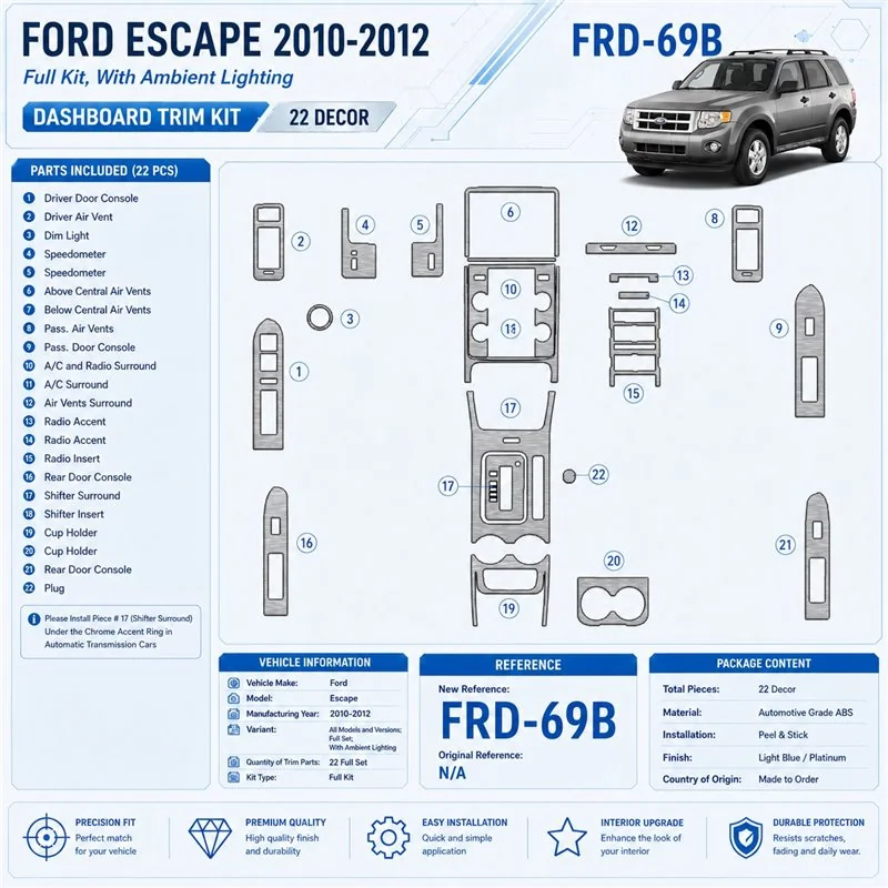 Ford Escape 2010-2012 Full Set With lighting Ambient lighting interieur dashboard decoratieset dashboard decor