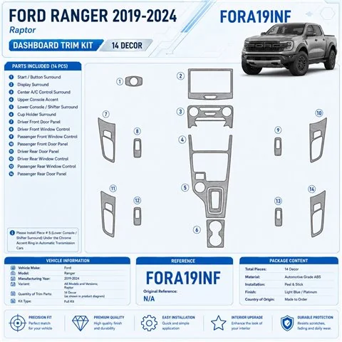 Ford Ranger 2019-2024 3D Cockpit Dekor Interieurleisten Set 14-teilig