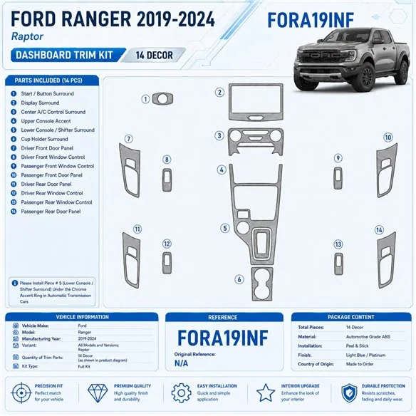 Ford Ranger 2019-2024 Raptor 3D kit décoration intérieure tableau de bord 14 pièces