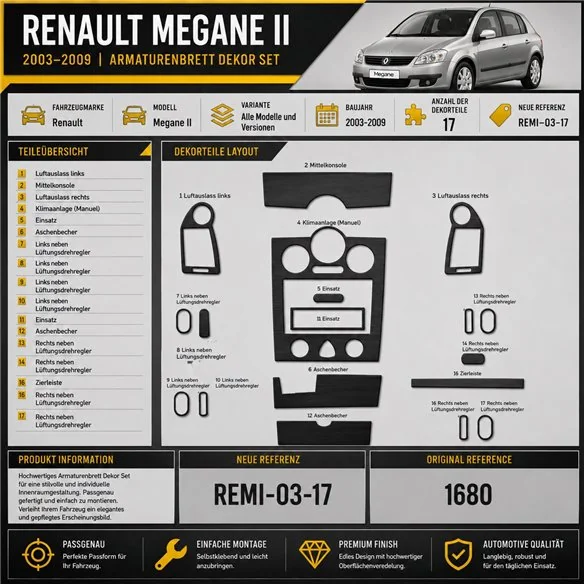 Renault Megane II 2003-2009 3D Cockpit Dekor Interieurleisten Set 17-teilig