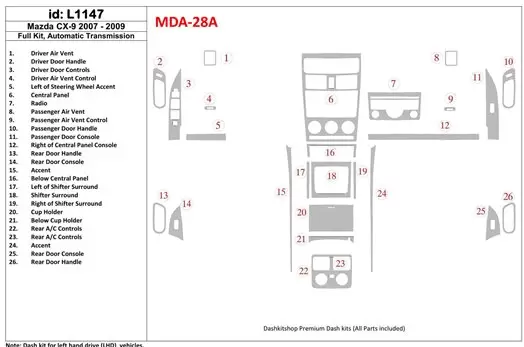 Mazda CX9 2007-2009 Full Set, Automatic Gear Interior BD Dash Trim Kit