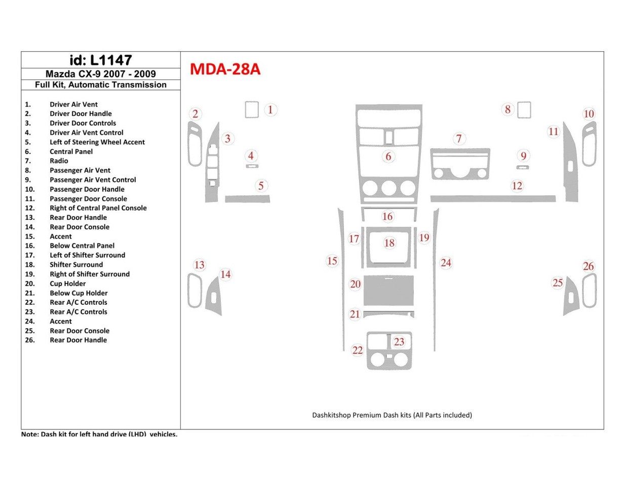 Mazda CX9 2007-2009 Full Set, Automatic Gear BD Interieur Dashboard Bekleding Volhouder