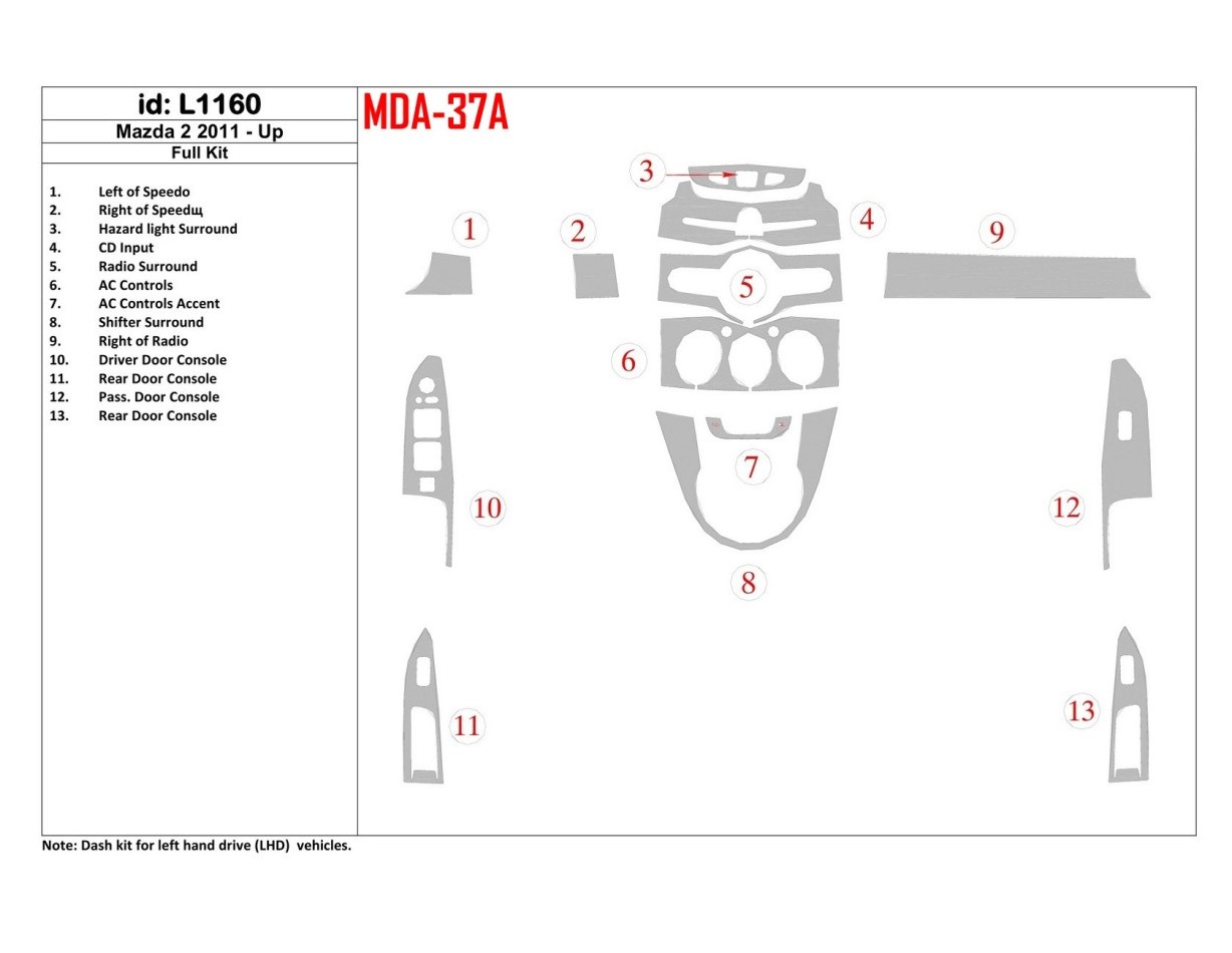 Mazda Mazda 2 2011-UP Full Set BD Interieur Dashboard Bekleding Volhouder