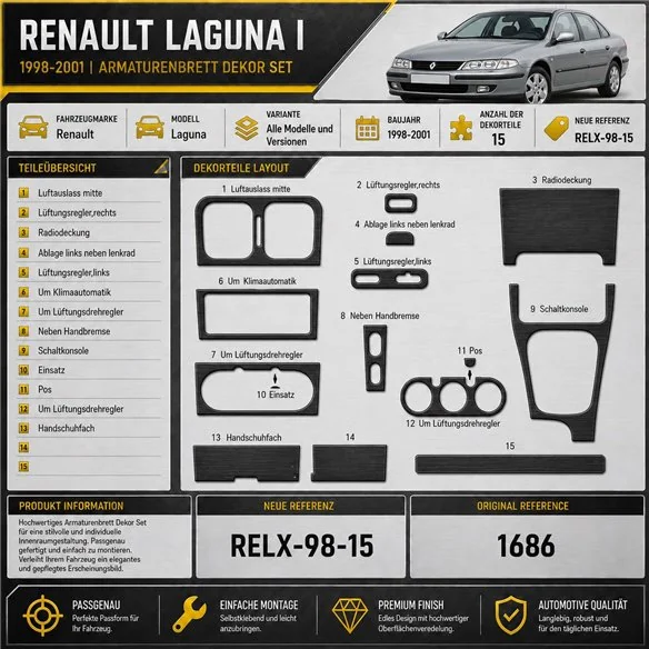 Renault Laguna 1998-2001 kit rivestimento cruscotto e interni 3D 15 pezzi